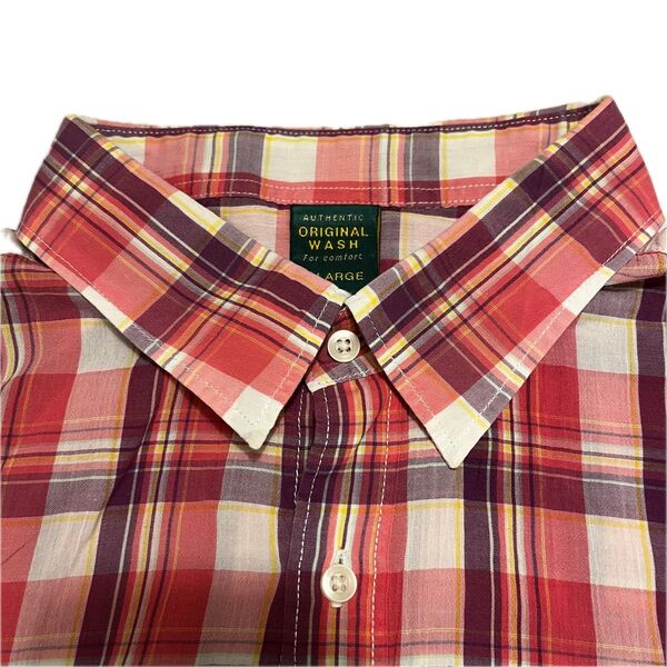 ユニクロ ORIGINAL WASH チェックシャツ レッド系 Lサイズ 胸ポケット付き 美品