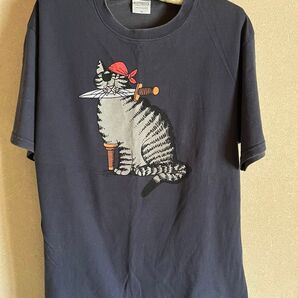 クリバンキャット クレイジーシャツ 海賊 猫 プリント Mネイビー系 古着