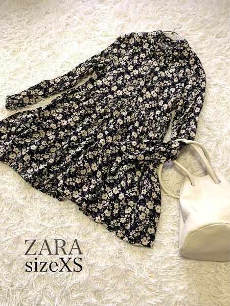 ZARA 小花柄 チュニック ワンピース ブラック XS 美品