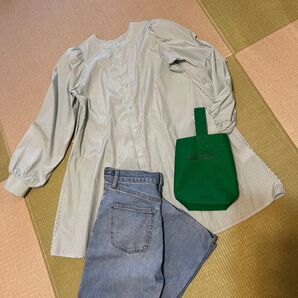 しわにならない ストライプシャツ パフスリーブ Aライン チュニック グリーン 長袖