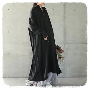 シャツワンピース ロングワンピース ブラック 黒 マキシ ロング プリーツ 体型カバー マタニティ ゆったり 大きいサイズ 韓国