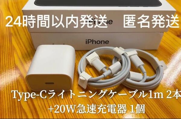 iPhone Type-Cライトニングケーブル1m 2本+20W急速充電器 1個【純正品質】【匿名発送】 防水対策有り
