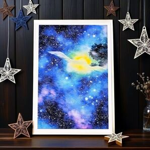 絵画「天使」 A4 額無し 風景画 インテリア 抽象画 星 星空 天使 光 銀河 夜景 夜空