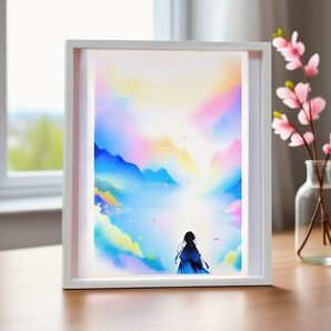 絵画「春風」 A4 額無し 風景画 インテリア 春 桜 癒し 印刷物 緑 自然 パステルカラー アート
