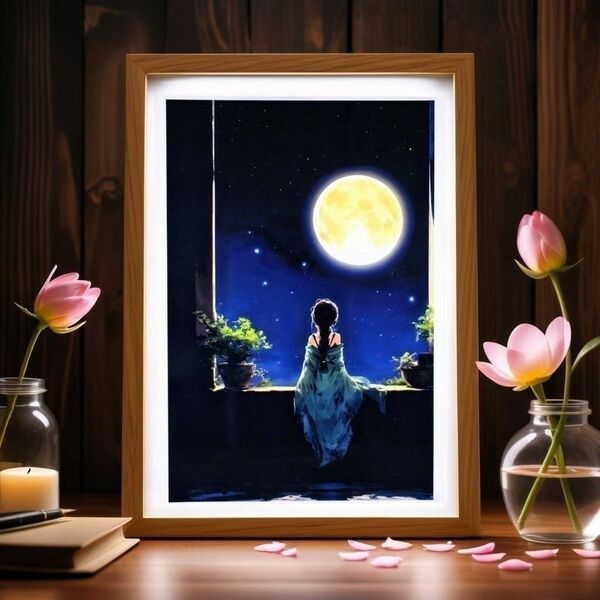 絵画「月下」 A4 額無し 風景画 インテリア 月 星空 夜空 満月 窓 黒 夜 人物 植物 月光