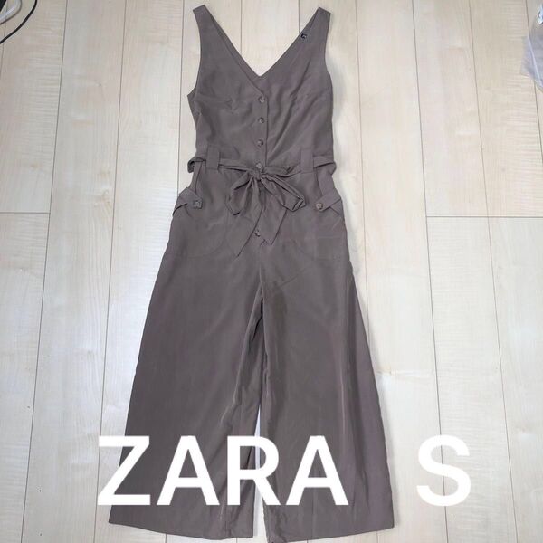 ZARA ザラ Vネック オールインワン テロテロ リボン ベージュ S サロペット レディース ボタン