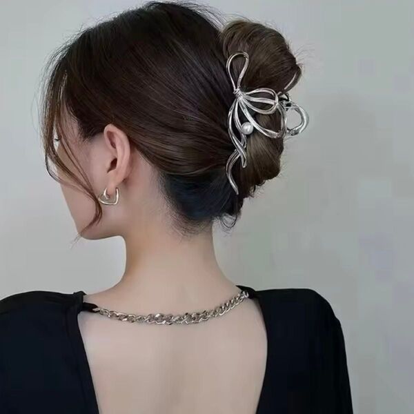 【新品】レディース ヘアクリップ バンスクリップ リボン シルバー 大きめ 高級