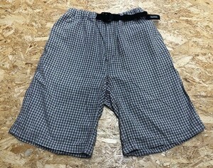 AIGLE エーグル XSサイズ メンズ ショートパンツ ショーツ 小さいサイズ チェック ロゴ ウエストゴム ベルト付き ベージュ×茶色×鶯色