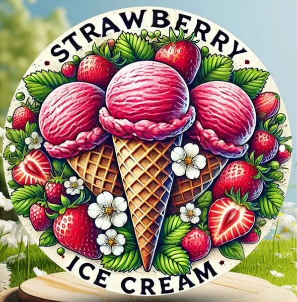 ブリキ看板(ストロベリーアイスクリーム 苺雑貨)いちご雑貨 インテリアボード