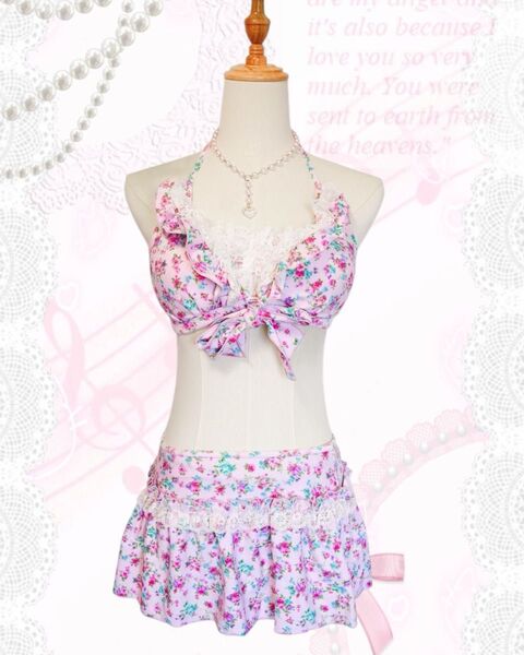 *pink floral bikini lace frill 花柄 薔薇 レース フリル ビキニ 青みピンク リボン 水着