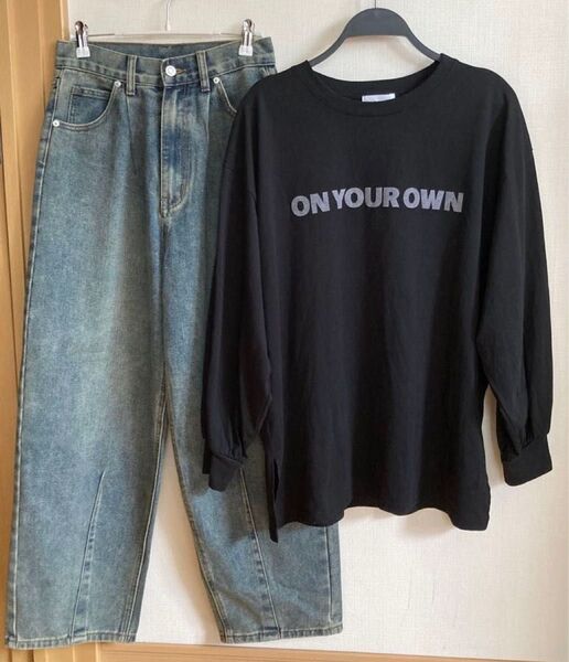 アルファベット ロングTシャツ L ブラック