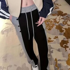 バイカラー ボタンデザイン スウェットパンツ トレンドワイドレッグパンツ、秋冬用、カジュアル