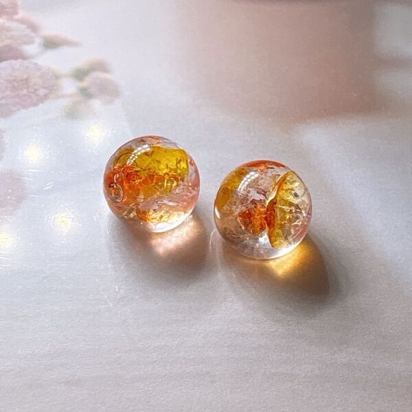 ハンドメイド*ピアスorノンホールピアス〜クラックボール オレンジ系