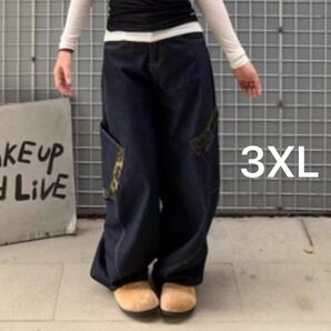 新品 デニム ワイドパンツ レオパード柄 ブラック ヒョウ柄ポケット ユニセックス 男性人気デニム