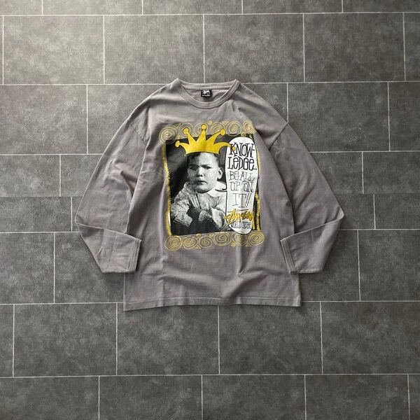 STUSSY 00-s old ステューシー L/S Tシャツ 王冠 長袖 カットソー グレー L Mexico 製