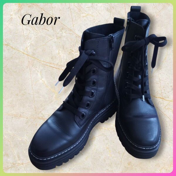 Gabor ショートブーツ ブラック 黒 3 厚底 レースアップ ハイカットブーツ ブーツ チャンキーヒール サイドジップ
