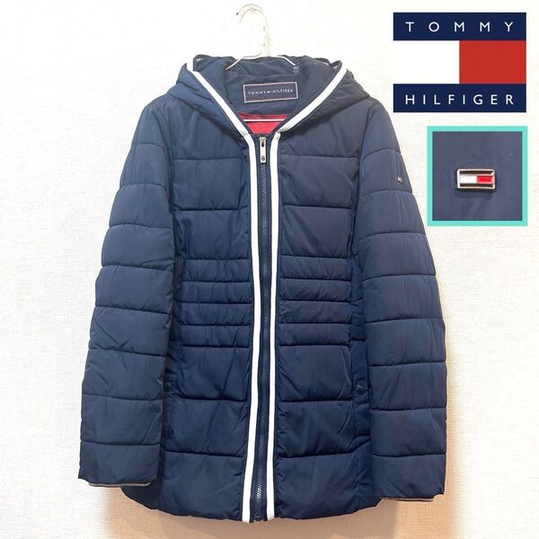 【美品】TOMMY HILFIGER(トミーヒルフィガー) ブランドロゴチャーム ハイネックフード付き中綿ジャケット ネイビー