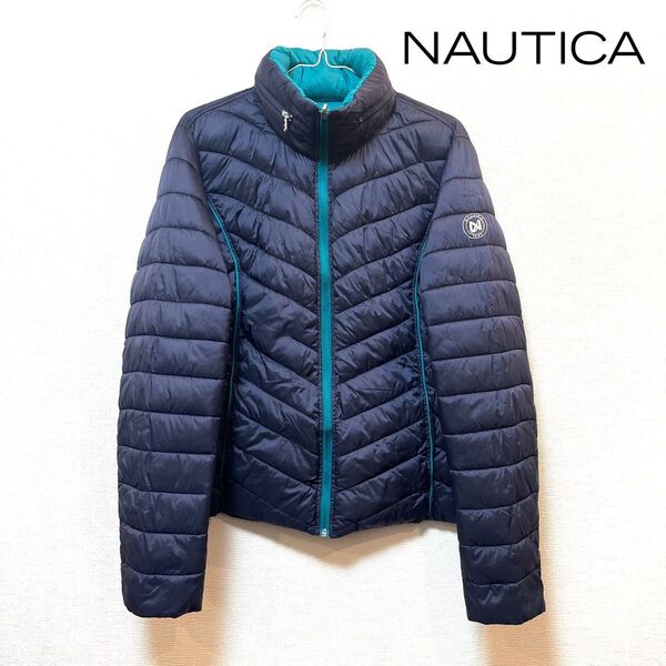 【訳あり】NAUTICA(ノーティカ) リバーシブル中綿ジャケット 紺×緑 L アウター コート ブルゾン 軽量 防寒 フード収納