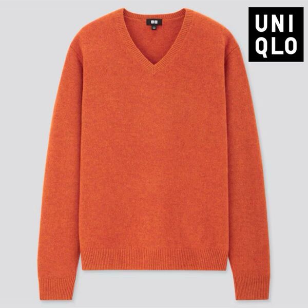 UNIQLO(ユニクロ) プレミアムラムVネックセーター(長袖)オレンジ 毛100% ニットセーター ラムウール トップス