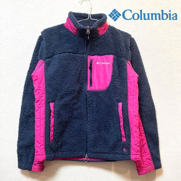 【美品】Columbia(コロンビア) ブランドロゴ刺繍 ワンポイント ボアブルゾン フリースジャケット ブルゾン アウトドア M