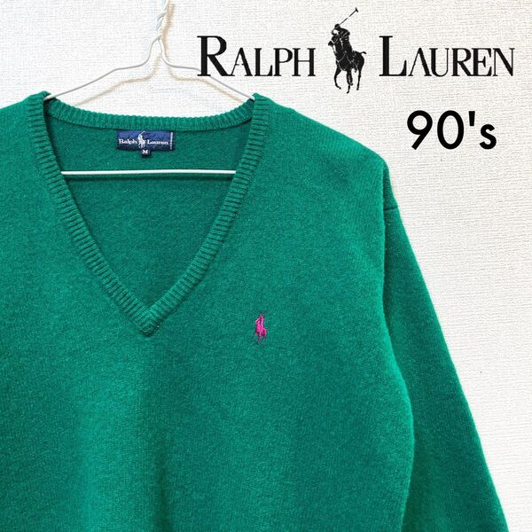【美品】90年代 RALPH LAUREN(ラルフローレン)の胸元ロゴ Vネックニットセーター M グリーン ウール100%
