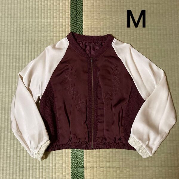 アクシーズファム Mサイズ 刺繍入りワインレッドスカジャン ブルゾン レース ポケット