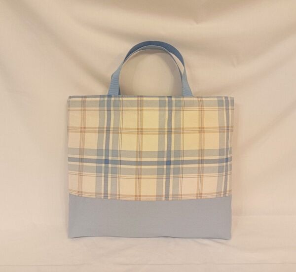 チェック柄×水色 レッスンバッグ ハンドメイド