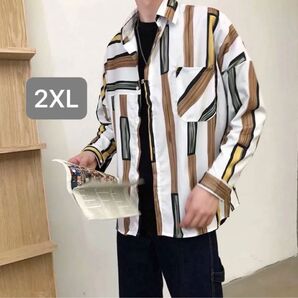 ストライプ柄 総柄 メンズ レディース ルーズシルエット 長袖シャツ 2XL