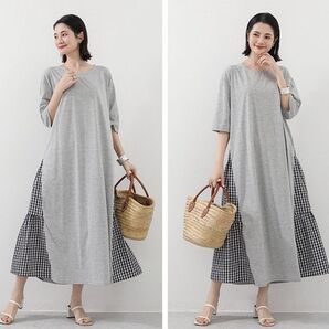【新品】 ロングワンピース Aライン カットソーワンピース 体型カバー チェック