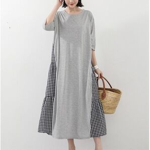 【新品】 チェック Aライン 体型カバー ロングワンピース カットソーワンピース