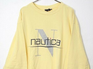 90's USA製 ノーティカ ビッグ ロゴプリント 長袖 コットン Ｔシャツ 黄色 (L) ロンT 90年代 アメリカ製 旧タグ ロングスリーブ