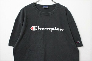90's チャンピオン フロント ロゴプリント 半袖 Tシャツ 黒 (XL) 90年代 ブリーチ Champion ビッグロゴ