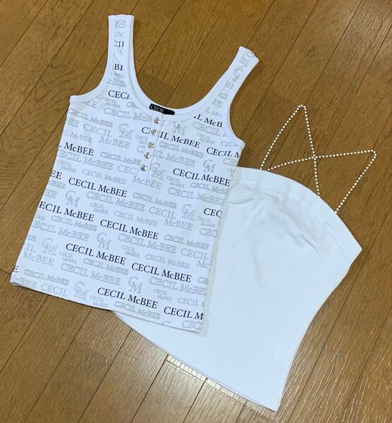 未使用 CECIL McBEE タンクトップ チューブトップ セット 白 ラインストーン 夏 ノースリーブ ベアトップ