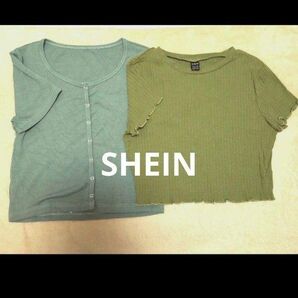 SHEIN クロップドリブトップス2点セット グリーン