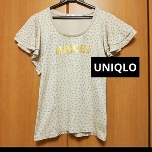 UNIQLO ディズニー ミッキーフレアスリーブ 半袖 ドット柄 Tシャツベージュ