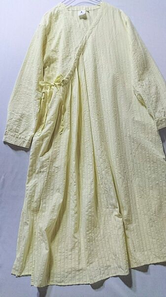 美品【ニコアンド】リネン混カシュクール★ぽこぽこストライプ柄きれい色ワンピース☆麻 ロング 春 黄 イエロー アシメ 夏 秋