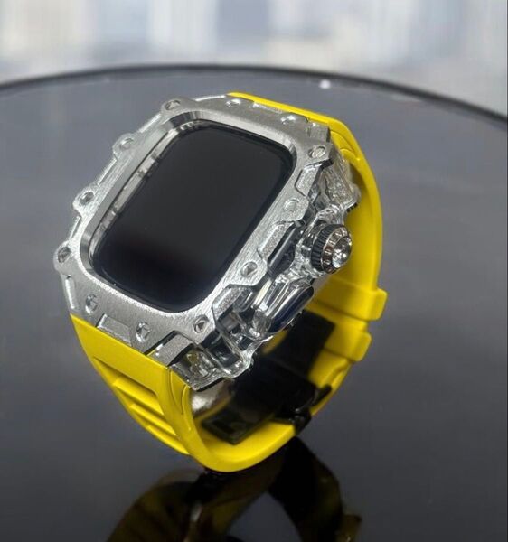 Apple Watch Ultra / Ultra 2 49mm対応 ラグジュアリーカバーケース ラバーバンドベルトセットイエロー