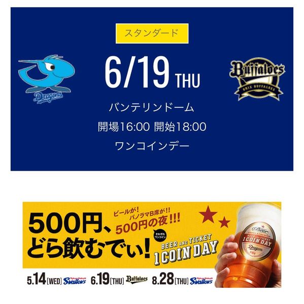 中日ドラゴンズチケット 6/19木 ドラゴンズ内野応援席