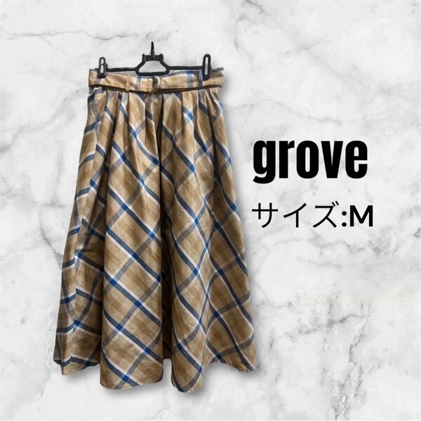 36 grove グローブ チェック柄 ロングスカート ベージュ 青 フレア Aライン Mサイズ