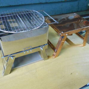 底アミ焚き火台 銅ミニテーブル セット 正面板付き 中型 底メッシュ網 高燃焼 上昇気流 灰受け板付 折畳 ステンレス 自作