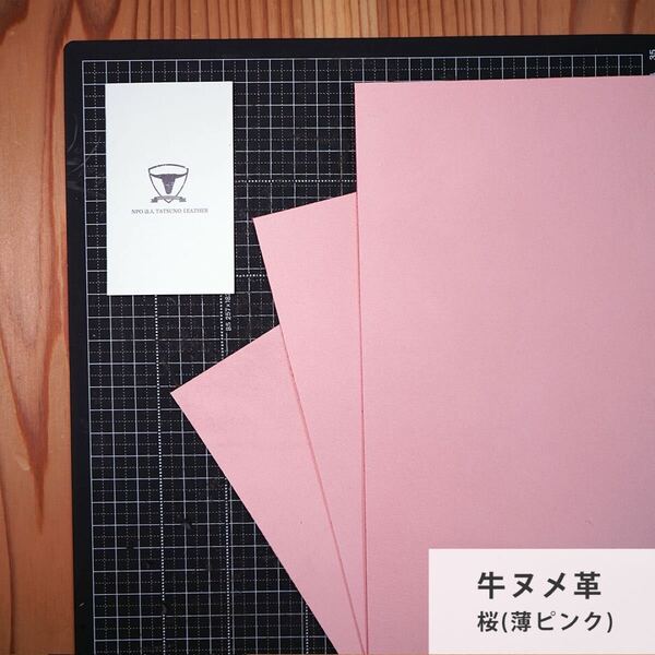 【A4サイズ3枚】国産ヌメ革(たつのレザー)ハギレ 桜色(薄ピンク) タンニン鞣し はぎれ 本革 パステルカラー