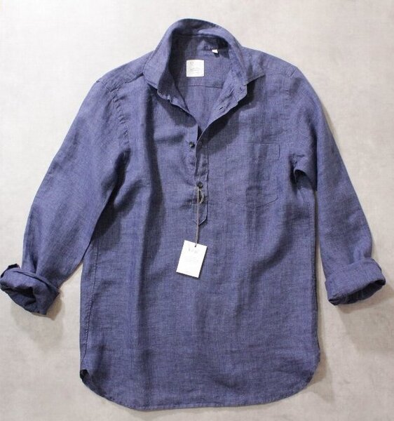 XACUS★新品3.5万円程度 ザッカス LEGACYコレクション リネン長袖プルオーバーシャツ 38cm ネイビー無地 ザカス
