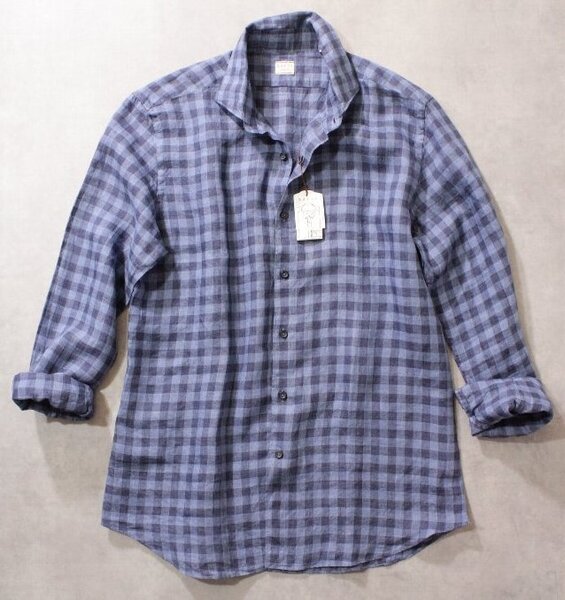 XACUS★新品3.5万円程度 ザッカス カッタウェイ衿のリネン長袖シャツ 41cm ブルー系ブロックチェック柄 ザカス