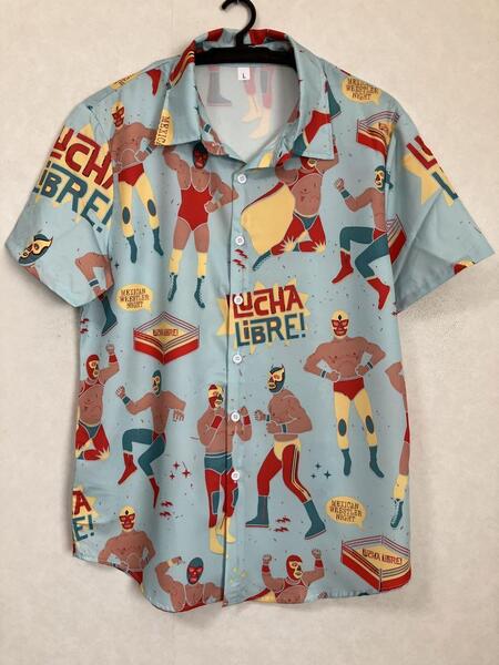 【未使用品】 プロレス マスクマン メキシコ MASKMAN シャツ Tシャツ 総柄 派手 目立つ アロハシャツ