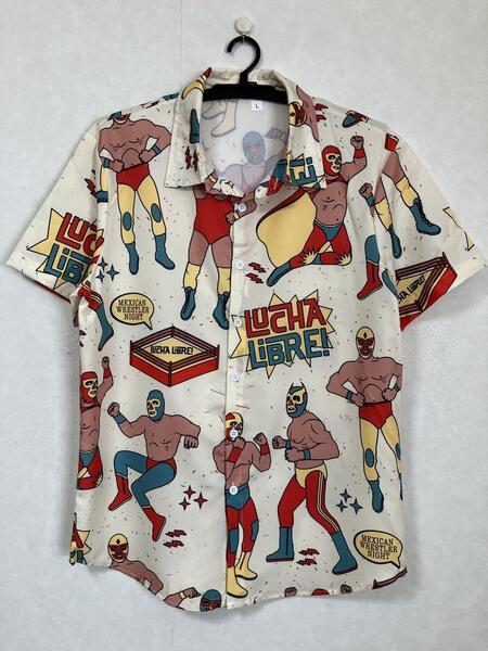 【未使用品】 プロレス マスクマン メキシコ MASKMAN シャツ Tシャツ 総柄 派手 目立つ アロハシャツ ボタンシャツ 開襟