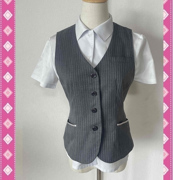 ※Dランク【中古】SUNPEXIST_9号ベスト(ストライプ)GVEL-1756/サンペックスイスト/グレー/かわいいOL制服/おしゃれ会社事務服