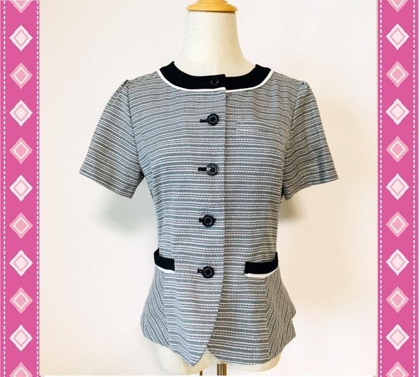 ※Cランク※【中古】SELERY_15号オーバーブラウス(マリンボーダー)50460/セロリー/透けない/かわいいOL事務服/おしゃれ会社制服
