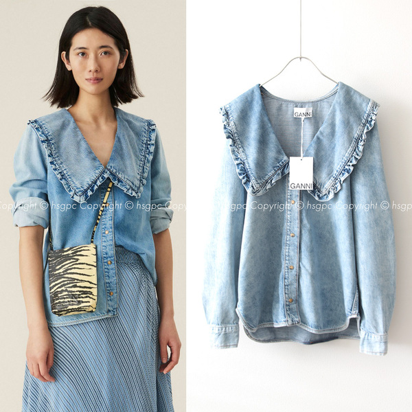【定価4.6万】新品 GANNI ガニー デニムシャツ ブラウス ピーターパンカラー ビッグカラー 襟 トップス インディゴ デンマーク ランウェイ