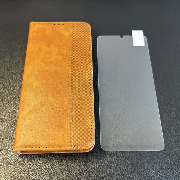 【2点セット】AQUOS wish4 SH-52E SH-M27 レザーケース ライトブラウン+画面ガラスフィルム 画面保護ガラス アクオス ウィッシュ