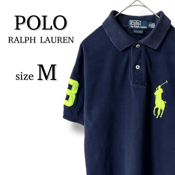 【美品・送料無料】ポロ ラルフローレン 半袖 ポロシャツ M ネイビー 刺繍ロゴ Polo RalphLauren SLIM FIT スリムフィット